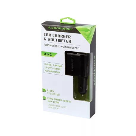 Carmotion szivargyújtós töltő voltmérővel – 12/24V, 3x USB, 5A, LCD kijelző