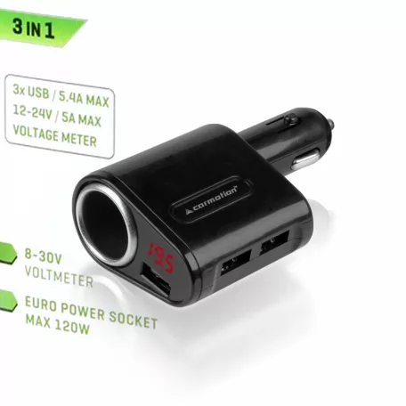 Carmotion szivargyújtós töltő voltmérővel – 12/24V, 3x USB, 5A, LCD kijelző