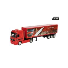 Makett autó, 01:43 Mercedes teherautó pótkocsival, piros.