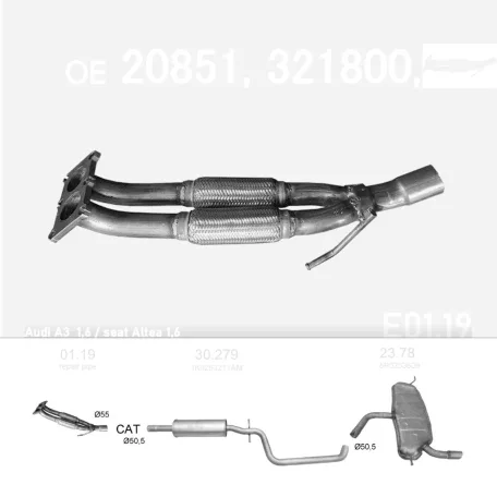 EDEX 01.19 - Kipufogó kipufogó cső AUDI A3 1.2, 1.4, 1.6 (2003-2015)