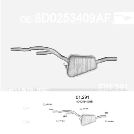 EDEX 01.291 - Kipufogó közép dob AUDI A4 2.4, 2.5 D, 2.6, 2.8 (1995-2001)