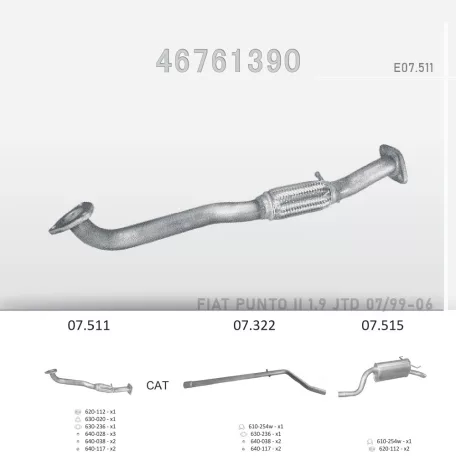 EDEX 07.511 - Kipufogó gyűjtő cső FIAT PUNTO 1.9 D (1999-2006)