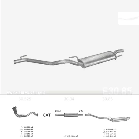EDEX 30.85 - Kipufogó hátsó dob VW GOLF III 1.4, 1.6, 1.8, 1.9 D (1993-2000)
