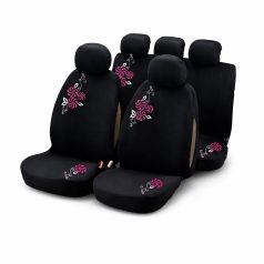   Autós Üléshuzat Garnitúra 9 db – Fekete Szövet, Rózsaszín-Fehér Virág Hímzéssel