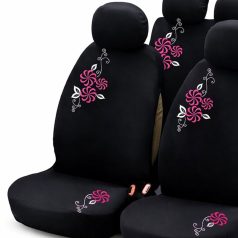   Autós Üléshuzat Garnitúra 9 db – Fekete Szövet, Rózsaszín-Fehér Virág Hímzéssel