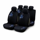 Autós Üléshuzat Garnitúra 9 db – Fekete Szövet, kék-Fehér Virág Hímzéssel