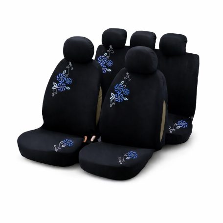 Autós Üléshuzat Garnitúra 9 db – Fekete Szövet, kék-Fehér Virág Hímzéssel