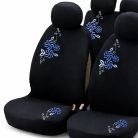 Autós Üléshuzat Garnitúra 9 db – Fekete Szövet, kék-Fehér Virág Hímzéssel