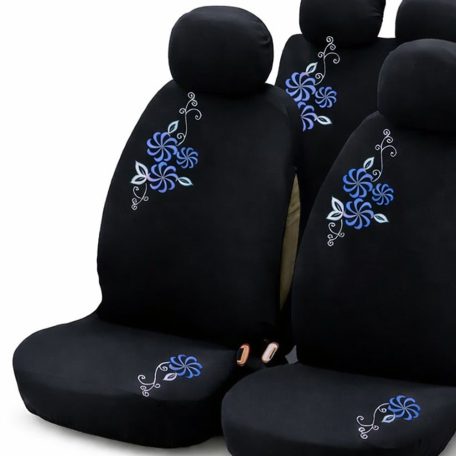 Autós Üléshuzat Garnitúra 9 db – Fekete Szövet, kék-Fehér Virág Hímzéssel