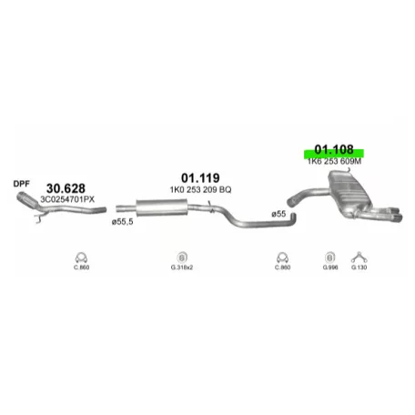 POLMO 01.108 - Kipufogó hátsó dob AUDI A3 1.9 D, 2.0 D (2003-2008)