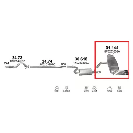 MARIX K01.144 - Kipufogó hátsó dob AUDI A3 1.4, 2.0 (2004-2012)