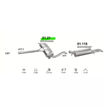 POLMO 01.21 - Kipufogó közép dob AUDI A4 2.6, 2.8 (1994-1998)