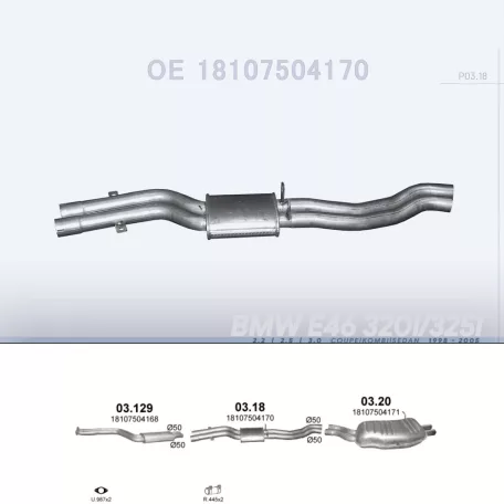 POLMO 03.18 - Kipufogó közép dob BMW 3 E46 2.2, 2.5, 3.0 (1998-2005)