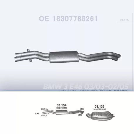 POLMO 03.134 - Kipufogó közép dob BMW 3 E46 2.9 D, 3.0 D (1999-2005)