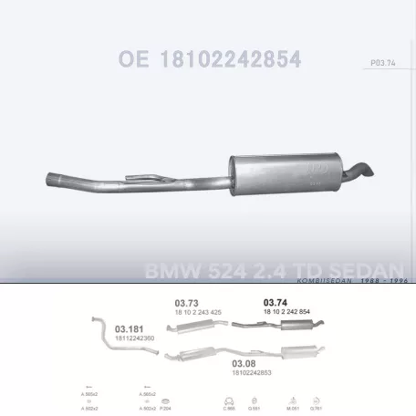 POLMO 03.74 - Kipufogó hátsó dob BMW 5 E34 2.4 TD, 2.5 TD (1988-1996)