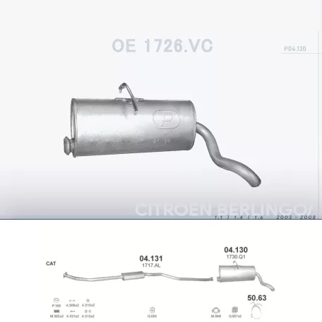 POLMO 04.130 - Kipufogó hátsó dob CITROEN BERLINGO 1.1, 1.4, 1.6 (2003-2008)