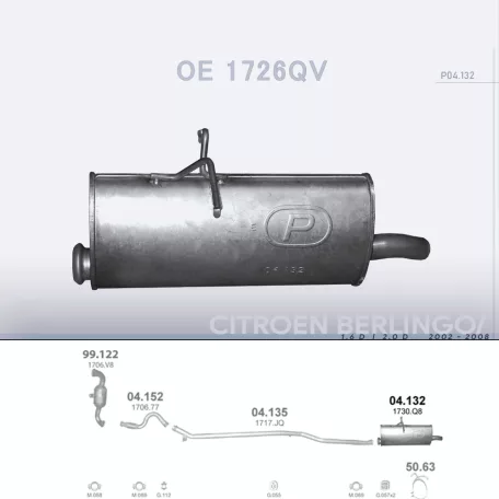 POLMO 04.132 - Kipufogó hátsó dob CITROEN BERLINGO 1.6 D, 2.0 D (2002-2010)
