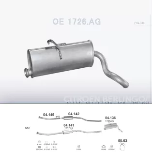   POLMO 04.136 - Kipufogó hátsó dob CITROEN BERLINGO 1.1, 1.4, 1.6, 1.8, 1.8 D, 1.9 D (1997-2003)