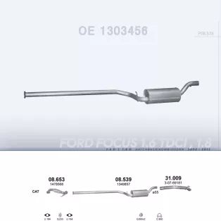   POLMO 08.539 - Kipufogó közép dob FORD FOCUS 1.6 D, 1.8 D (2003-)