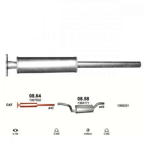 Marix 08-64 kipufogó első cső – FORD C-MAX Mk1, Mk2, VOLVO C30, S40