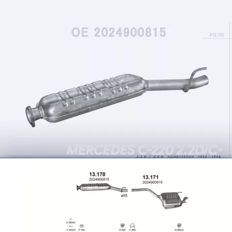 POLMO 13.170 - Kipufogó közép dob MERCEDES C220 - W202 2.2 D, 2.5 D (1993-1998)