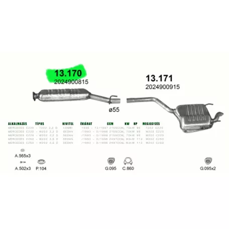 POLMO 13.170 - Kipufogó közép dob MERCEDES C220 - W202 2.2 D, 2.5 D (1993-1998)