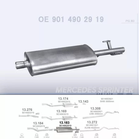 POLMO 13.183 - Kipufogó közép dob MERCEDES SPRINTER 2.2 D, 2.7 D (2000-2006)