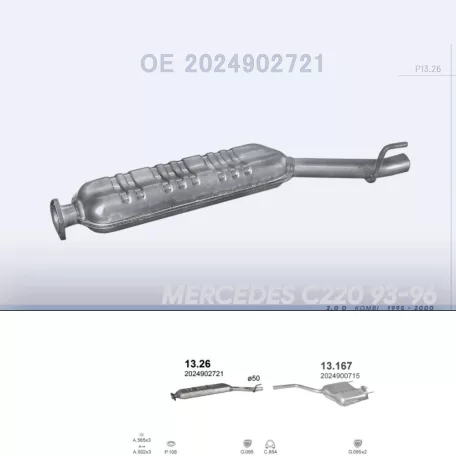 POLMO 13.26 - Kipufogó közép dob MERCEDES C200 - T202 2.0 D (1995-2000)