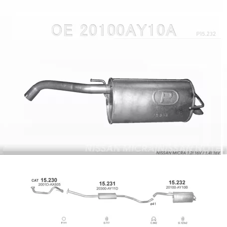 POLMO 15.232 - Kipufogó hátsó dob NISSAN MICRA 1.2, 1.4, 1.5 D (2005-2010)