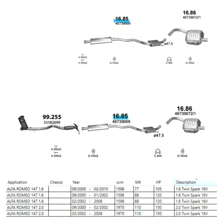 MARIX K16.85 - Kipufogó közép dob ALFA ROMEO 147 1.6, 2.0 (2000-2010)