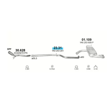 POLMO 23.31 - Kipufogó középső cső AUDI A3 1.4, 1.9 D, 2.0 D (2003-2015)