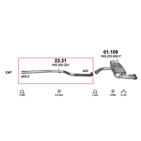 MARIX K23.31 - Kipufogó középső cső AUDI A3 1.4, 1.9 D, 2.0 D (2003-2015)