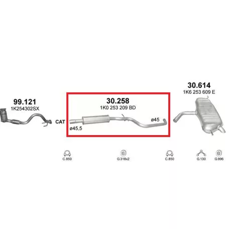 POLMO 30.258 - Kipufogó közép dob VW GOLF 1.4 (2003-2008)