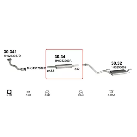 POLMO 30.34 - Kipufogó közép dob VW GOLF 1.4, 1.6, 1.8, 1.9 D (1991-1999)
