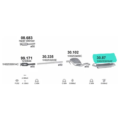 POLMO 30.87 - Kipufogó hátsó dob VW GOLF 1.6, 1.9 D, 2.0 (1993-2001)