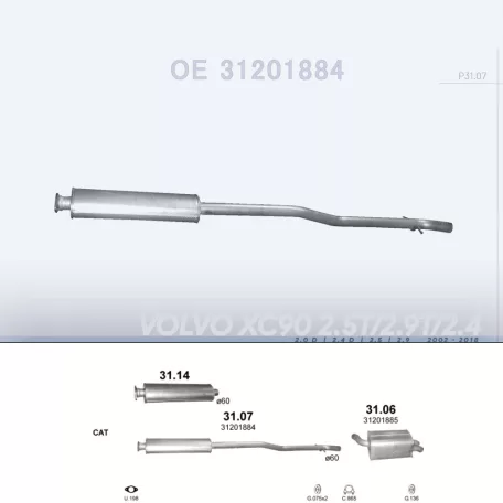 POLMO 31.07 - Kipufogó közép dob VOLVO S60 2.0 D, 2.4 D, 2.5, 2.9 (2002-2018)