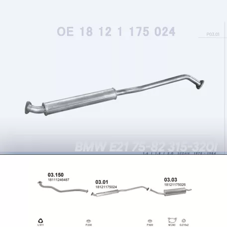 POLMO 03.01 - Kipufogó közép dob BMW 3 E21 1.6, 1.8, 2.0 (1975-1984)