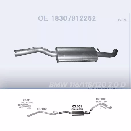 POLMO 03.101 - Kipufogó közép dob BMW 1 E81/E87 2.0 D (2007-2012)