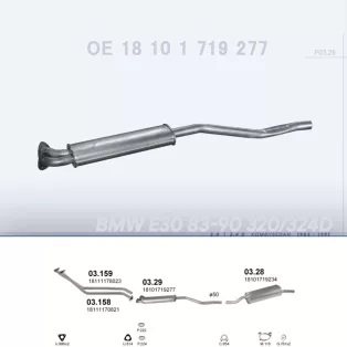   POLMO 03.29 - Kipufogó közép dob BMW 3 E30 2.0, 2.4 D (1983-1991)
