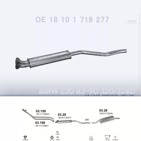 POLMO 03.29 - Kipufogó közép dob BMW 3 E30 2.0, 2.4 D (1983-1991)