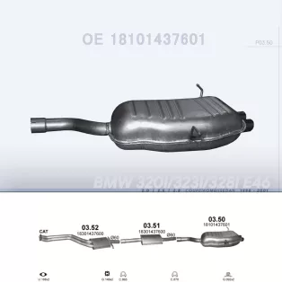  POLMO 03.50 - Kipufogó hátsó dob BMW 3 E46 2.0, 2.5, 2.8 (1998-2001)