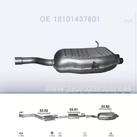 POLMO 03.50 - Kipufogó hátsó dob BMW 3 E46 2.0, 2.5, 2.8 (1998-2001)