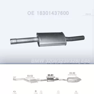   POLMO 03.51 - Kipufogó közép dob BMW 3 E46 2.0, 2.5, 2.8 (1998-2001)