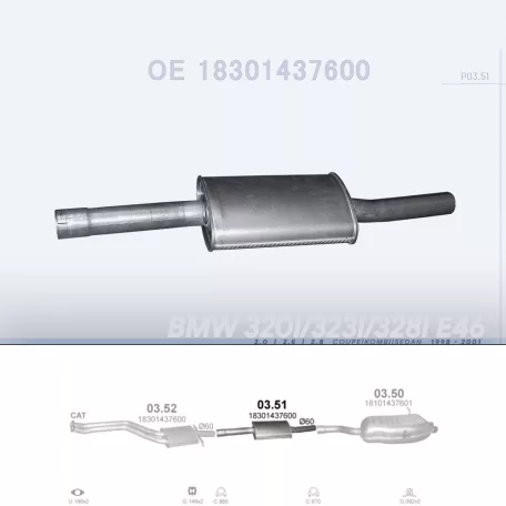 POLMO 03.51 - Kipufogó közép dob BMW 3 E46 2.0, 2.5, 2.8 (1998-2001)