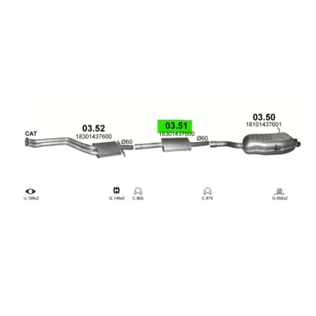 POLMO 03.51 - Kipufogó közép dob BMW 3 E46 2.0, 2.5, 2.8 (1998-2001)