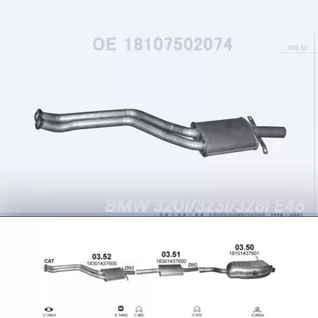 POLMO 03.52 - Kipufogó első cső BMW 3 E46 2.0, 2.5, 2.8 (1998-2001)