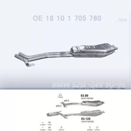 POLMO 03.80 - Kipufogó hátsó dob BMW 5 E34 2.5, 3.0, 3.4 (1988-1996)