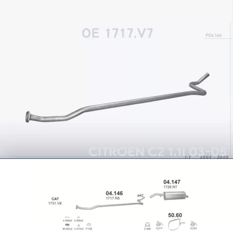 POLMO 04.146 - Kipufogó középső cső CITROEN C2 1.1 (2003-2005)