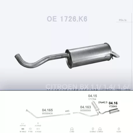 POLMO 04.16 - Kipufogó hátsó dob CITROEN BX 1.1, 1.4, 1.6, 1.8 D, 1.9, 1.9 D (1982-1994)
