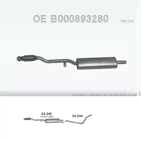 POLMO 04.245 - Kipufogó közép dob Citroen C1 II / Peugeot 108 / Toyota Aygo 1.2i 12V